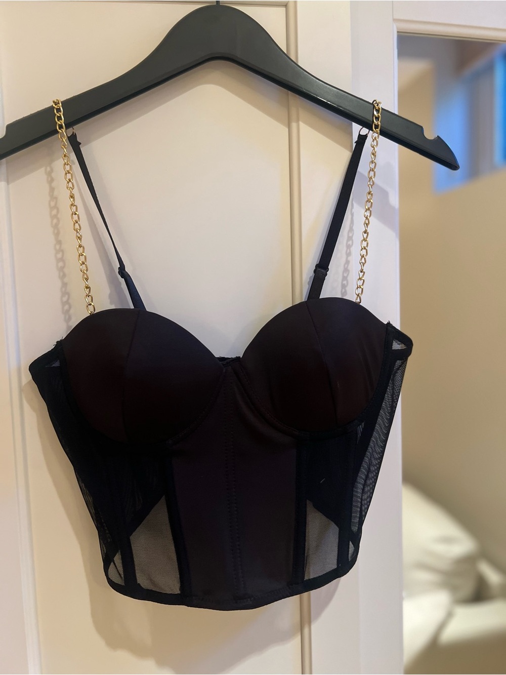 Black Bustier Crop Top with Gold Chain Straps
